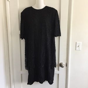 JMD New York NWT Vintage Beaded Black Silk Dress Size 2X Short Sleeve